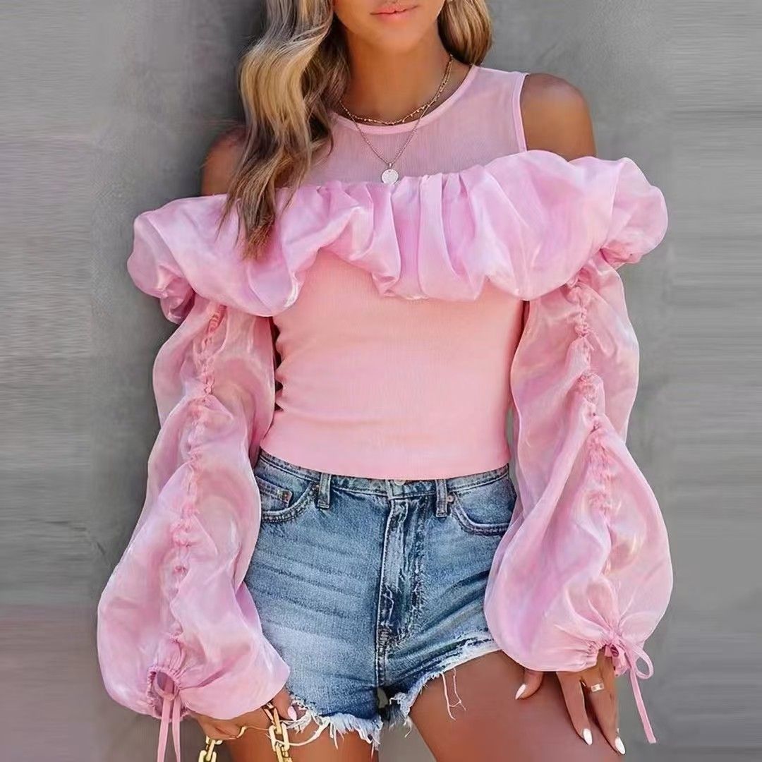 Sexy Round Neck Puff Sleeve Top For Women Mesh Off Shoulder Slimming Glossy Loose Fit Versatile Shirt_ecoleips.com