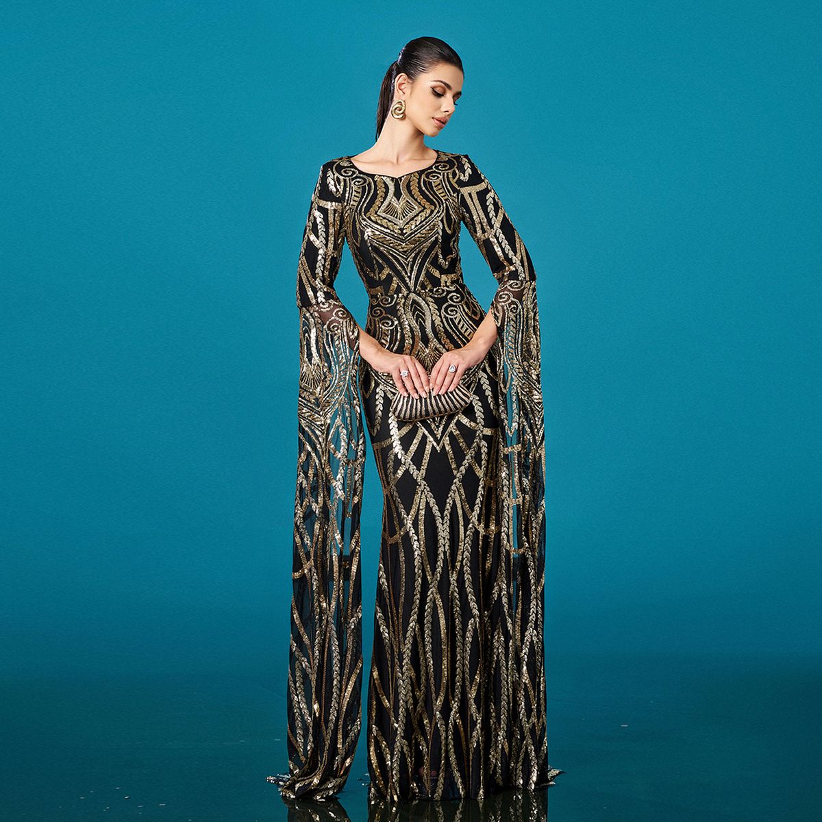 European And American Women's New High End Long Sleeved Round Neck Slim Hip Wrapped Sequined Banquet Fishtail Evening Dress_ecoleips.com