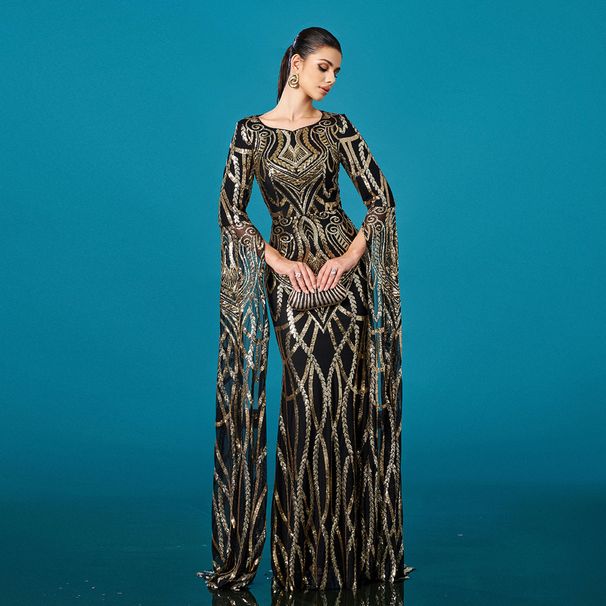 European And American Women's New High End Long Sleeved Round Neck Slim Hip Wrapped Sequined Banquet Fishtail Evening Dress_ecoleips.com
