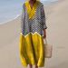 Elegant Long Sleeve Shirt Dress With 3D Floral Print, V-Neck A-Line Dress For Women, Casual Loose Fit Dress, Acetate Satin Blend Fabric_ecoleips.com
