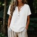 Women's Casual Solid Color Cotton Linen Blend Short Sleeve Top V Neck Button Down Half Open T-Shirt_ecoleips.com