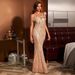 Champagne One-Shoulder Sequin Evening Gown – Elegant Mermaid Tail Dress With High Waist & Crystal Beading (S-XL, Glamorous Partywear)_ecoleips.com