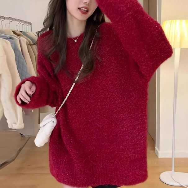 Cherry Red Christmas Sweater For Women In Autumn And Winter Loose Wears A Lazy Style Vintage Pullover Long-Sleeved Knitt_ecoleips.com