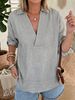 Women's V Neck Pullover Shirt Simple Solid Color Long Sleeved Loose Fit Cotton Linen Blend Style By European American 2026_ecoleips.com