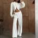 Women's Two Piece Set Collared Long Sleeved White Shirt With Cutouts Wide Leg Pants_ecoleips.com