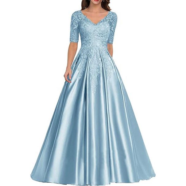 Elegant V-Neck Lace Evening Dress – Long A-Line Gown With Cap Sleeves For Parties & Hosting (XS-3XL, 5 Colors)_ecoleips.com