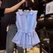 Women's Clothing Summer Light Blue Women's Elegant Pleated Sleeveless Shirt With Collar And Belted Style Cross Border E-commerce_ecoleips.com