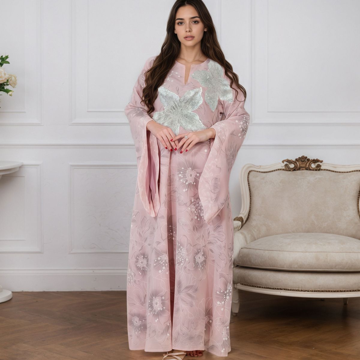 Muslim Dress Women Handcrafted Muslim Abaya Dress With Embroidered Floral Detailing – Elegant Batwing Sleeves (Yellow/Pink)_ecoleips.com
