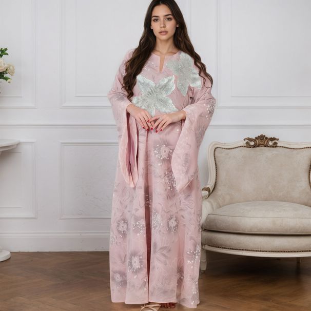 Muslim Dress Women Handcrafted Muslim Abaya Dress With Embroidered Floral Detailing – Elegant Batwing Sleeves (Yellow/Pink)_ecoleips.com