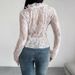 Women's Long Sleeve Lace Blouse, Deep V Neck Ruffled Sheer Mesh Top With Front Tie, Elegant Slim Fit Floral Lace Shirt For Daily Casual Club Party Nig_ecoleips.com