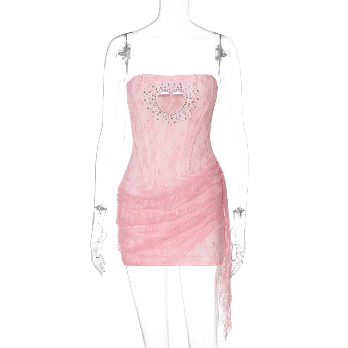 Women's Sexy Hollow-Out Heart Rhinestone Bustier Bodycon Dress With Lace Trim_ecoleips.com
