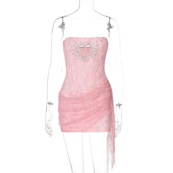 Women's Sexy Hollow-Out Heart Rhinestone Bustier Bodycon Dress With Lace Trim_ecoleips.com