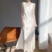 Acetate Satin Vest Waist-Cinching Gold Silk French Solid Color V-Neck Wide Strap Long Dress_ecoleips.com