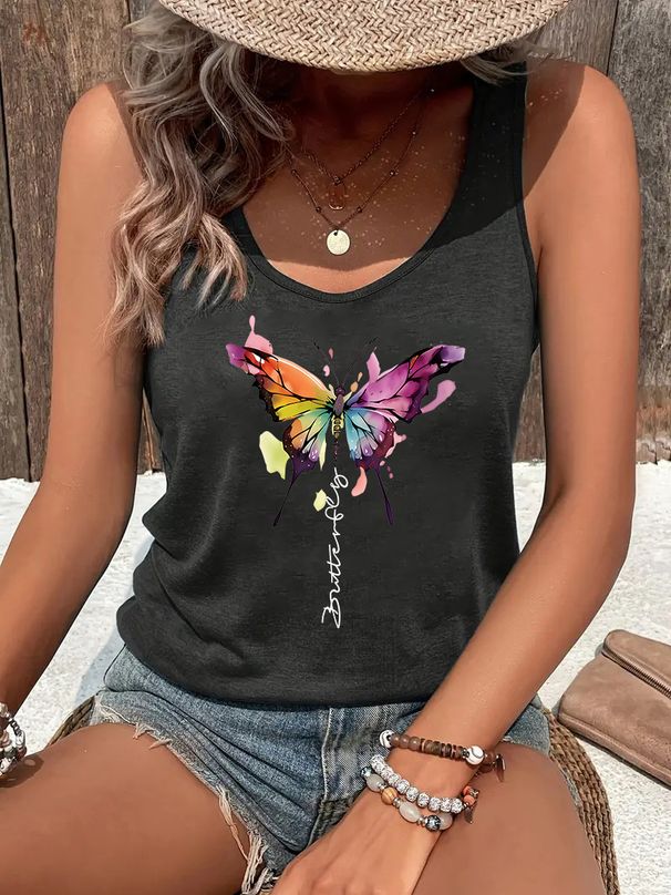 Colorful Butterfly Print Women Tank Top Sleeveless Casual Summer New Crew Neck Tops For Women Clothes_ecoleips.com