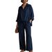 Women's Two Piece Set European American Style Relaxed Lapel V Neck Top High Waisted Drawstring Wide Leg Pants_ecoleips.com