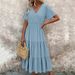 Women's V Neck Puff Sleeve Plush Dress Ruffled Short Sleeved Style Fashion Bestseller_ecoleips.com
