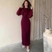 Elegant Wrap Midi Dress With Ruched Waist - Long Sleeve Bodycon Dress In Deep Red & White (S-XXL)_ecoleips.com