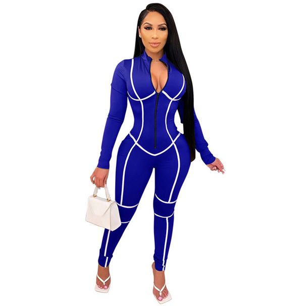 Women's Clothing Seamless Color-Block Long Sleeve Bodycon Jumpsuit - High Waisted Stretchy Polyester Pencil Pants With Zip Detail, Sexy & Stylish_ecoleips.com