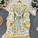 Court-Inspired Floral Print Dress With Lantern Sleeves – High Waist A-Line Midi Dress For Women (Yellow, S-Xxl)_ecoleips.com