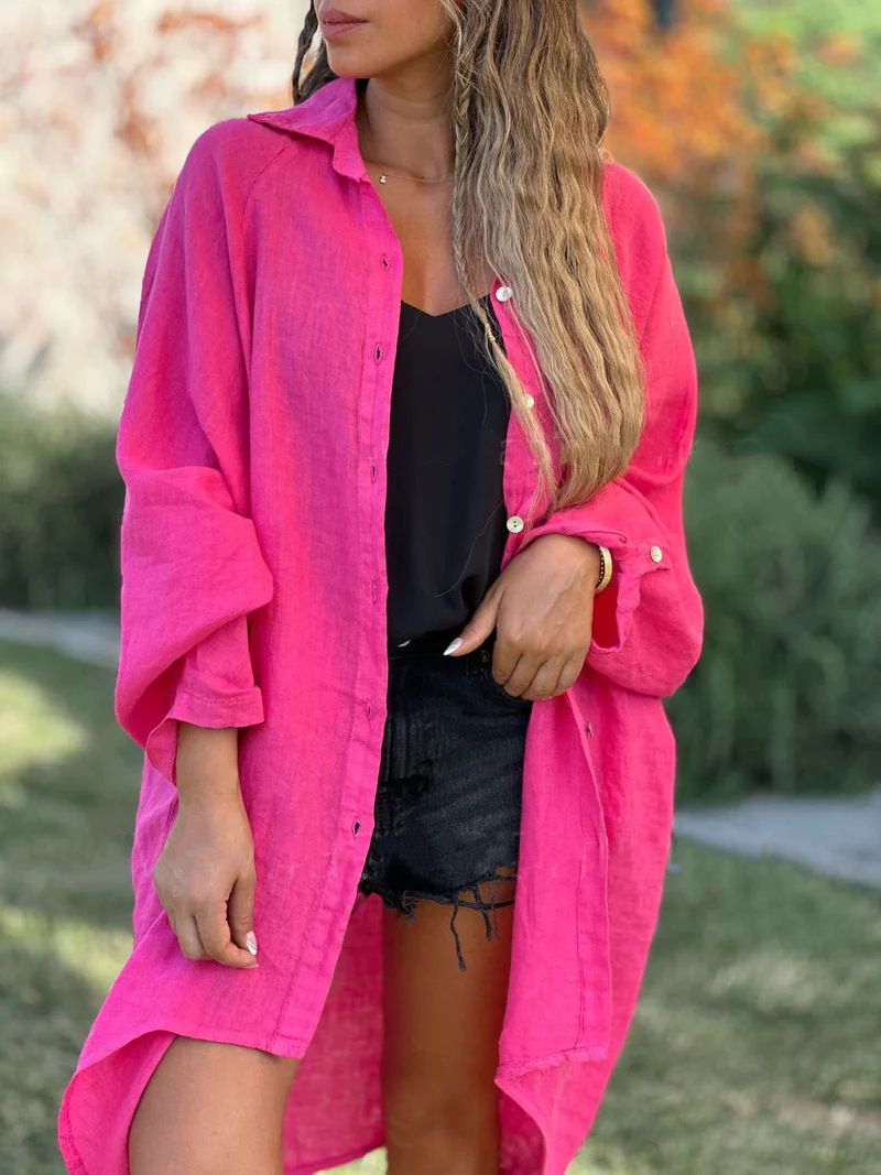 Women's Clothing Dress Cotton Linen Shirt Long Dress Fashion Casual Long Sleeve Cardigan Dress_ecoleips.com