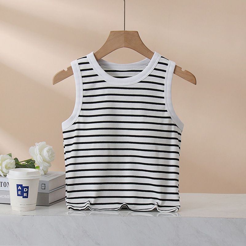D29 Summer Thin Bra Cup Integrated For Women, Striped With Chest Pads, Wide Shoulder, Waist-Length Short Tank Top_ecoleips.com
