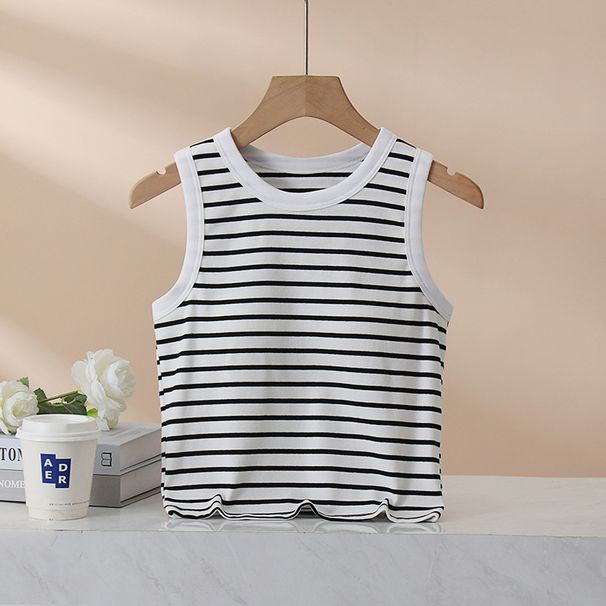 D29 Summer Thin Bra Cup Integrated For Women, Striped With Chest Pads, Wide Shoulder, Waist-Length Short Tank Top_ecoleips.com