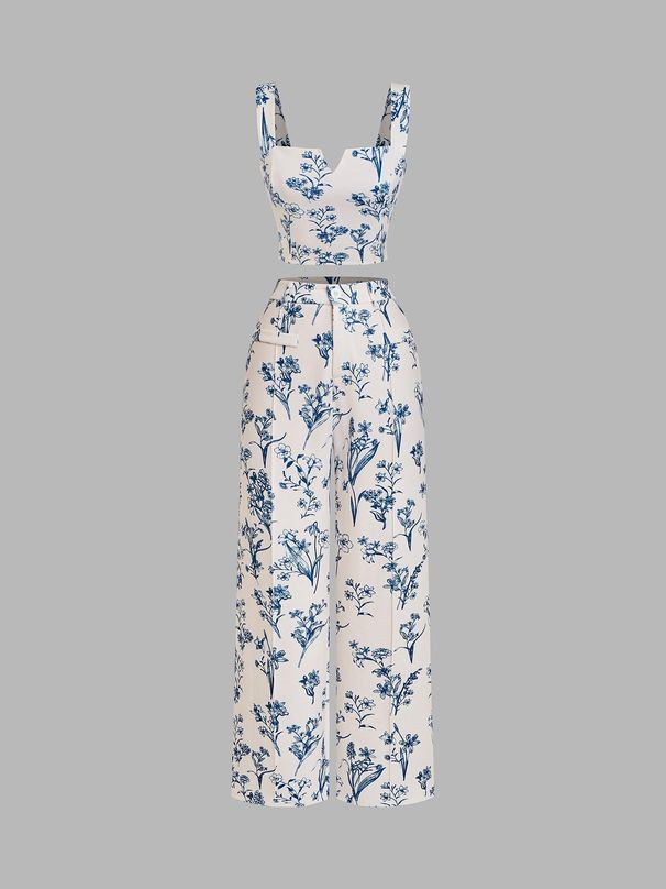 Women's Clothing Summer Floral Print Camisole Two Piece Set Women's Fashion Style Casual Sleeveless Jumpsuit_ecoleips.com