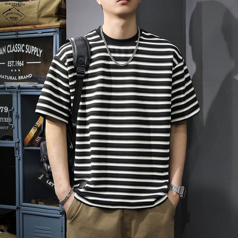 Retro Style Digital Print Striped T-Shirt Short Sleeved round Neck Thin Top for Men And Women Summer New_ecoleips.com