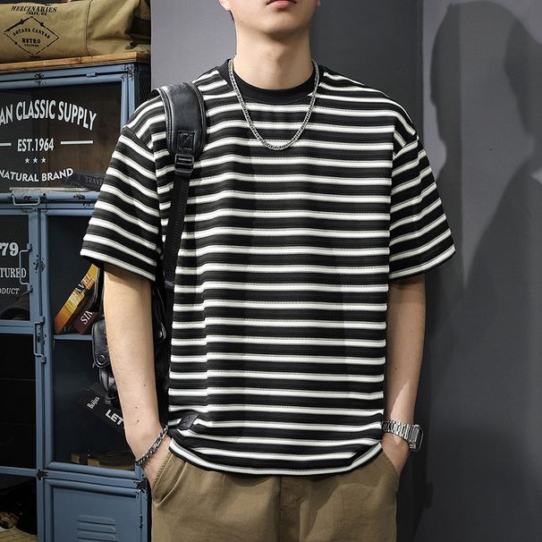 Retro Style Digital Print Striped T-Shirt Short Sleeved round Neck Thin Top for Men And Women Summer New_ecoleips.com