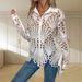 Women's Clothing Retro Polo Collar Hollow Solid Color Lace t Shirt Winter Commuter Button Cardigan Long Sleeved Top_ecoleips.com