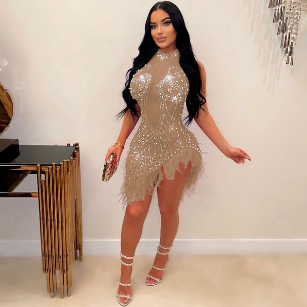 Women's Clothing sexy mesh hot diamond bubble bead feather dress _ecoleips.com
