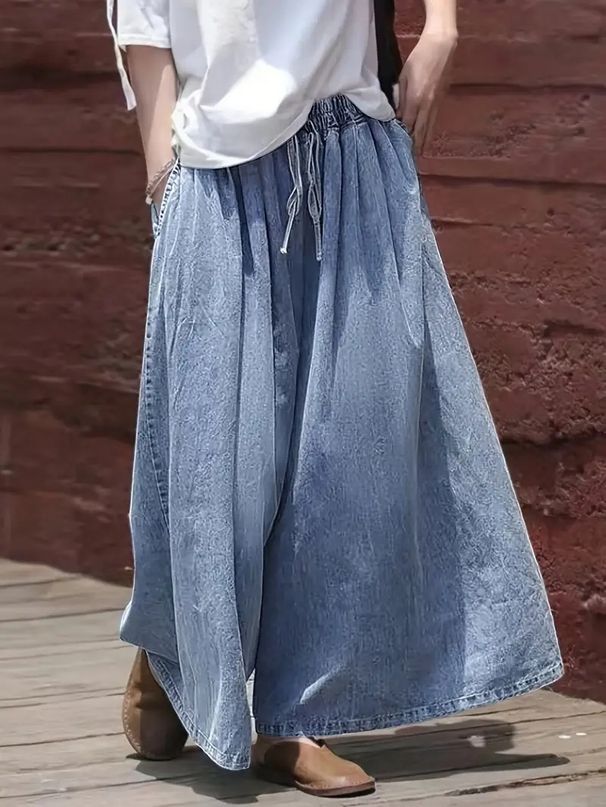 Women's Artistic Retro Wide Leg Jeans Drawstring Casual Loose Fit Long Pants 2025 Cross Border Fashion_ecoleips.com