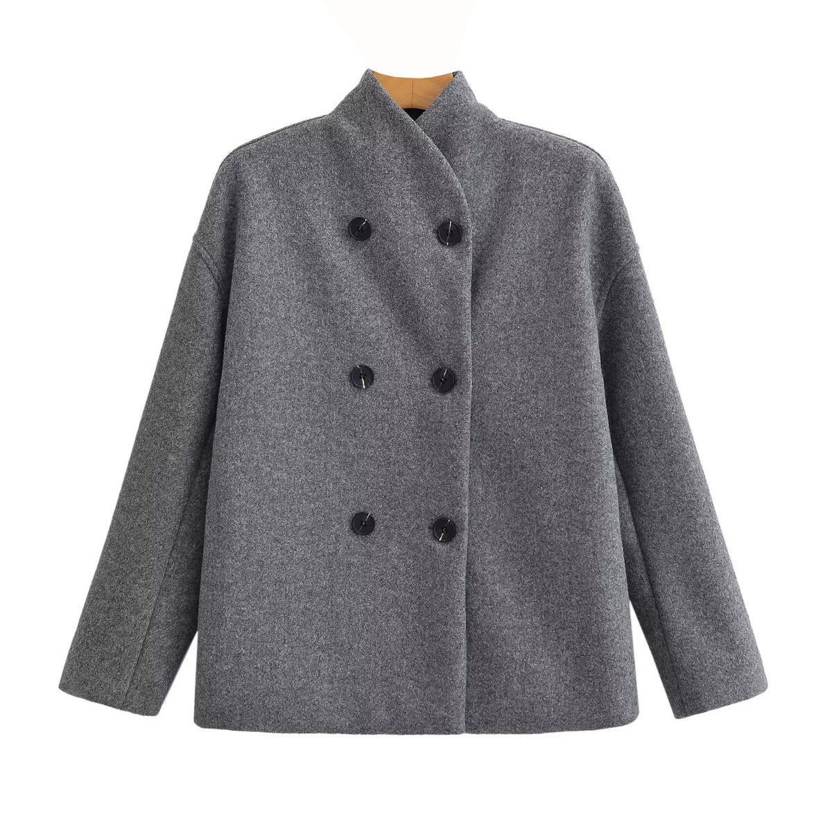 Women’s Oversized Double-Breasted Wool Coat – V-Neck Longline Polyester Blazer (S-L, Gray/Beige/Black)_ecoleips.com