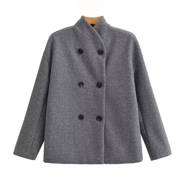 Women’s Oversized Double-Breasted Wool Coat – V-Neck Longline Polyester Blazer (S-L, Gray/Beige/Black)_ecoleips.com