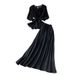 Korean Style Floral Embroidery Tie-Waist Blouse With High-Waist Long Skirt Set, Elegant Puff Sleeve Two-Piece Outfit For Women_ecoleips.com