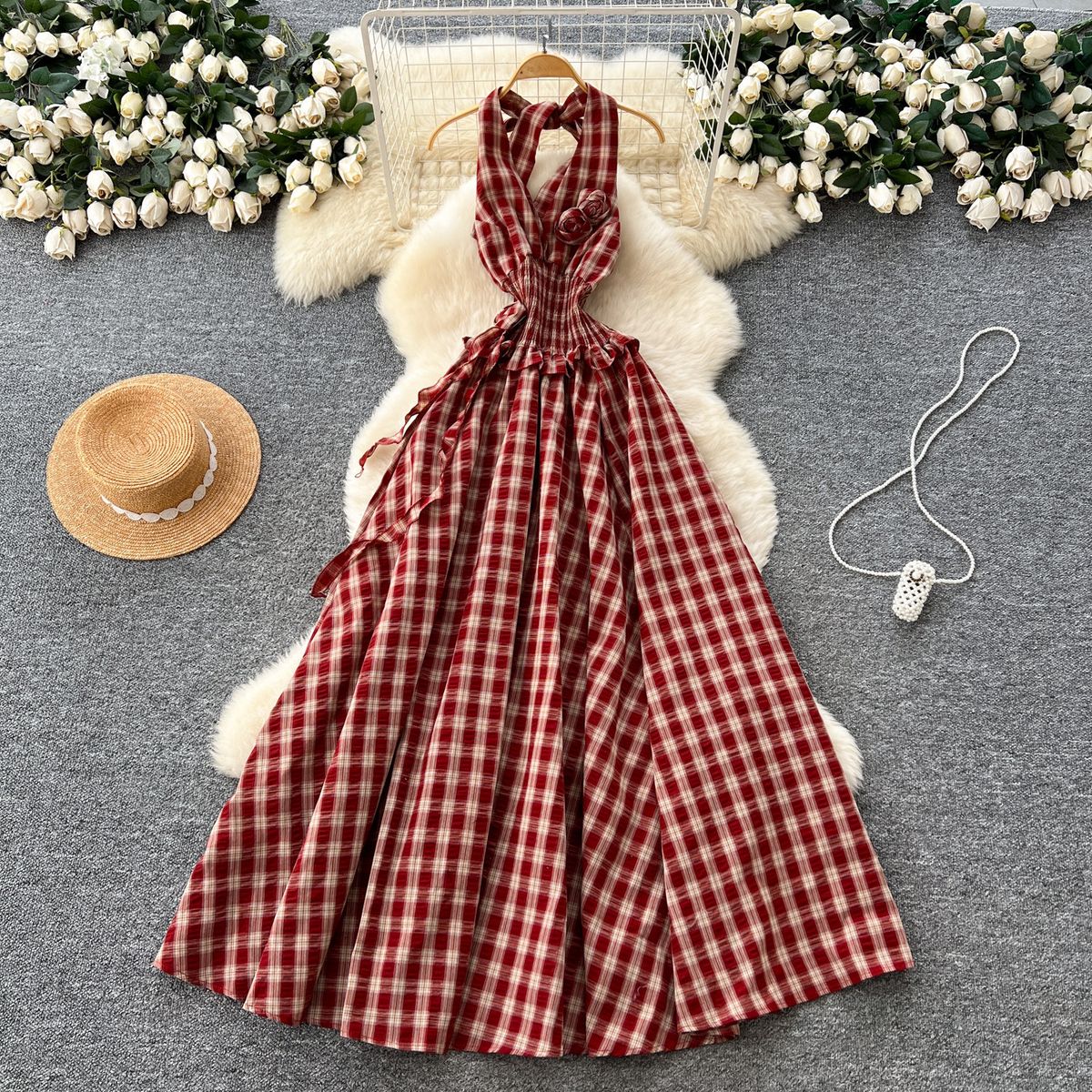 French-Inspired Floral Maxi Dress Strappy V-Neck Smocked Waist Ruffle Hem Sundress Red S M L_ecoleips.com
