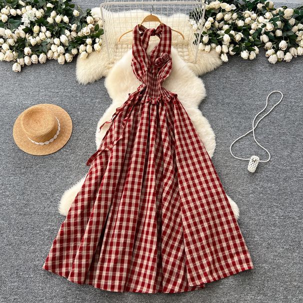 French-Inspired Floral Maxi Dress Strappy V-Neck Smocked Waist Ruffle Hem Sundress Red S M L_ecoleips.com