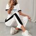 Women's Summer Round Neck Short-Sleeved Top And Trousers Set Style Smiley Face Print_ecoleips.com