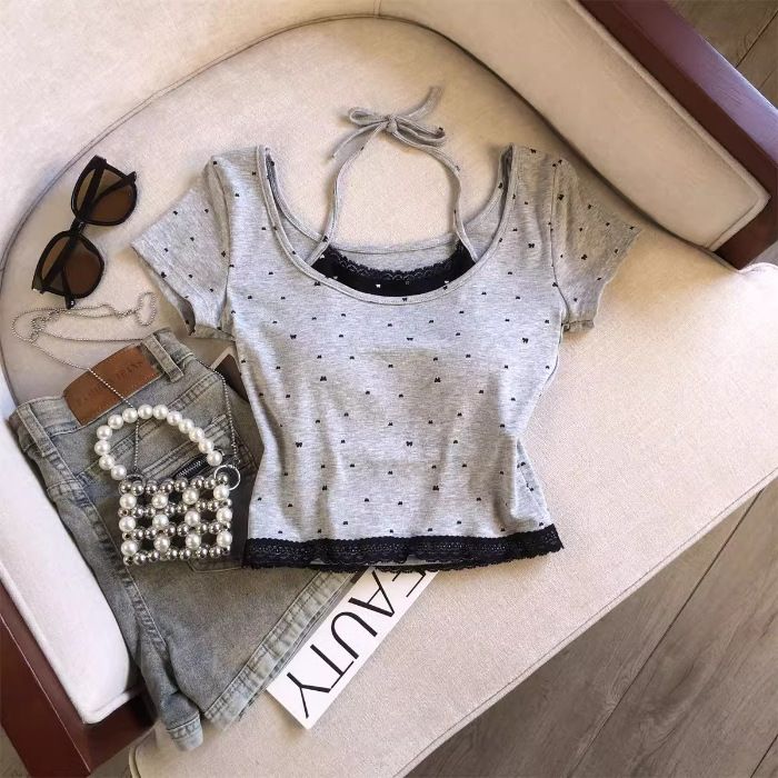 Women's Halter Neck T-Shirt False Two-Piece Lace Bow Detail Fitted Crop Top for Summer_ecoleips.com