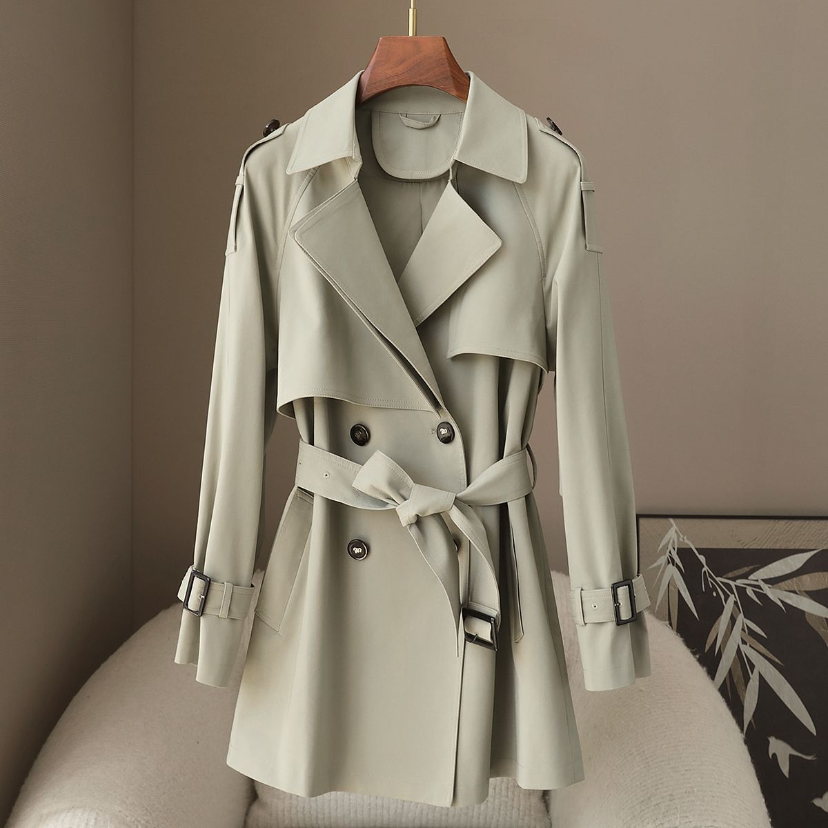 British Style Double-Breasted Trench Coat – Slim Fit Spring/Autumn Women’s Jacket (Khaki/Light Green, M-XL)_ecoleips.com