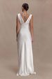 Women Elegant Satin Maxi Dress High Waist Cowl Neck Lace Detail Slim‑Fit Formal Wedding Guest Cocktail Banquet Party Evening Gown_ecoleips.com