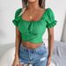 Ins Style Real Shot Spring Summer Casual Short Sleeve Tie Waist Chiffon Cropped Top Cross-Border Women's Fashion_ecoleips.com