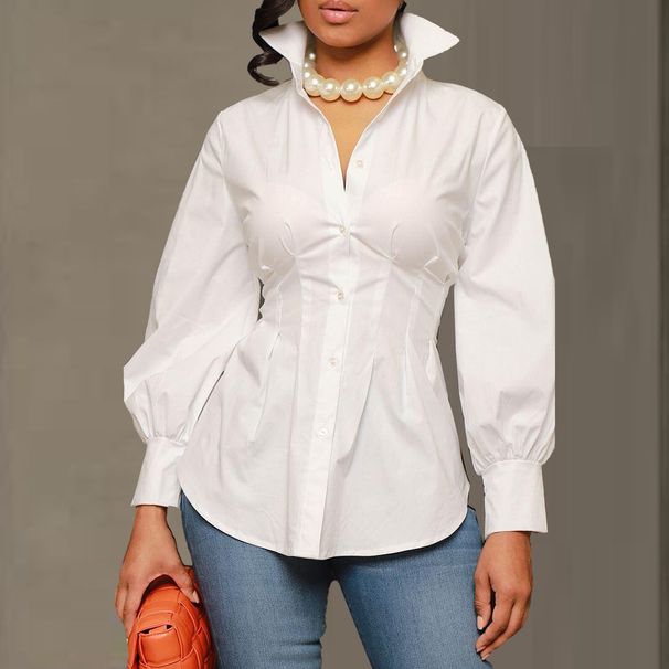 FYS10350 Foreign Trade European And American Sexy Slim Fit Suit Button Cardigan Pure White Shirt Top_ecoleips.com