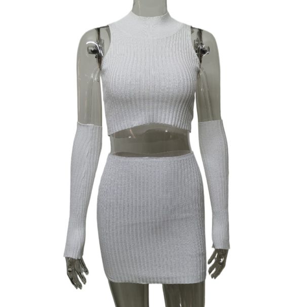 Women's Clothing Navel Baring Sleeveless Vest Knitted Hip Skirt Suit_ecoleips.com