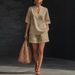 Women's Casual V Neck Two Piece Set Short Sleeved Loose Fit Shorts American Fashion Style Clothing_ecoleips.com