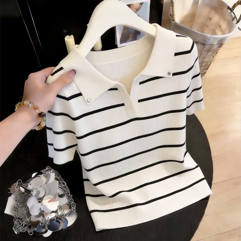 Elegant Women's Ice Silk Knit Top French Striped Collared Short Sleeved T-Shirt New Summer Style Beautiful And Youthful_ecoleips.com