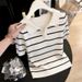 Elegant Women's Ice Silk Knit Top French Striped Collared Short Sleeved T-Shirt New Summer Style Beautiful And Youthful_ecoleips.com
