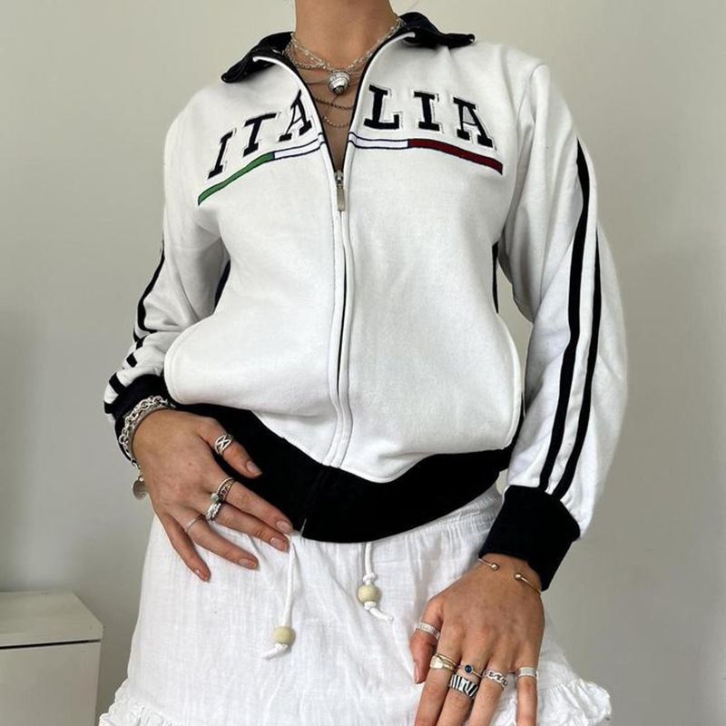 Women's Clothing Autumn And Winter Unisex Embroidered Letter Print Zip-Up Hoodie - Stylish Striped Streetwear For Fall & Winter (White, S/M/L/XL)_ecoleips.com