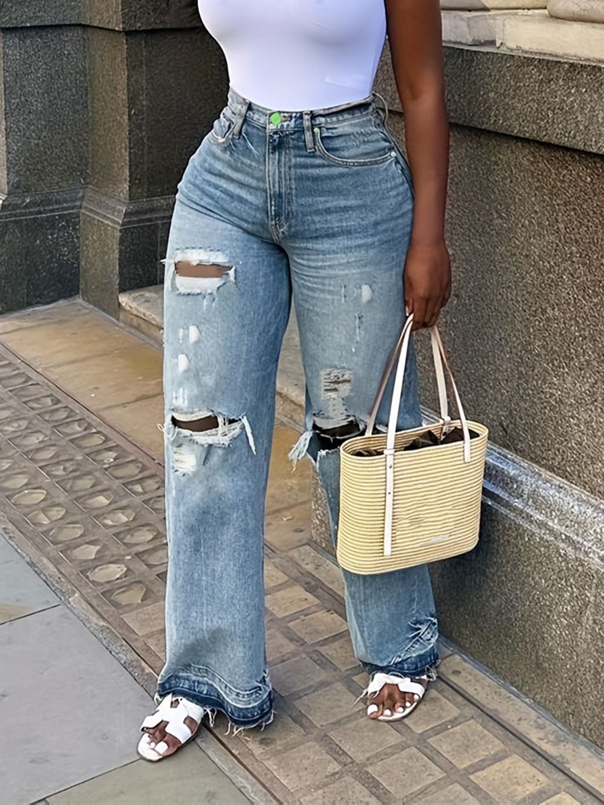 Women's Light Wash Ripped Jeans Loose Fit Straight Leg Casual Wide Leg Pants Cotton Spring/Autumn_ecoleips.com