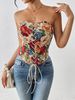 French Retro Floral Print Bandeau Vest Strapless Tie Up Street Style Slim Fit Women's Top_ecoleips.com